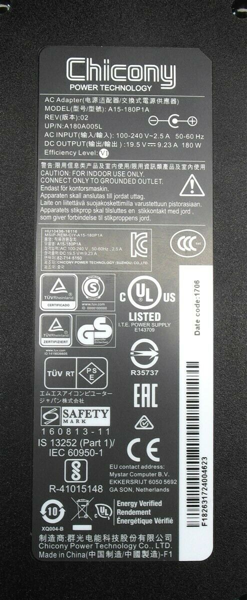 Chicony MSI 19.5V 9.23A 180W A15-180P1A Laptop Charger (5.5mm x 2.5mm) for A180A005L MSI GS63VR