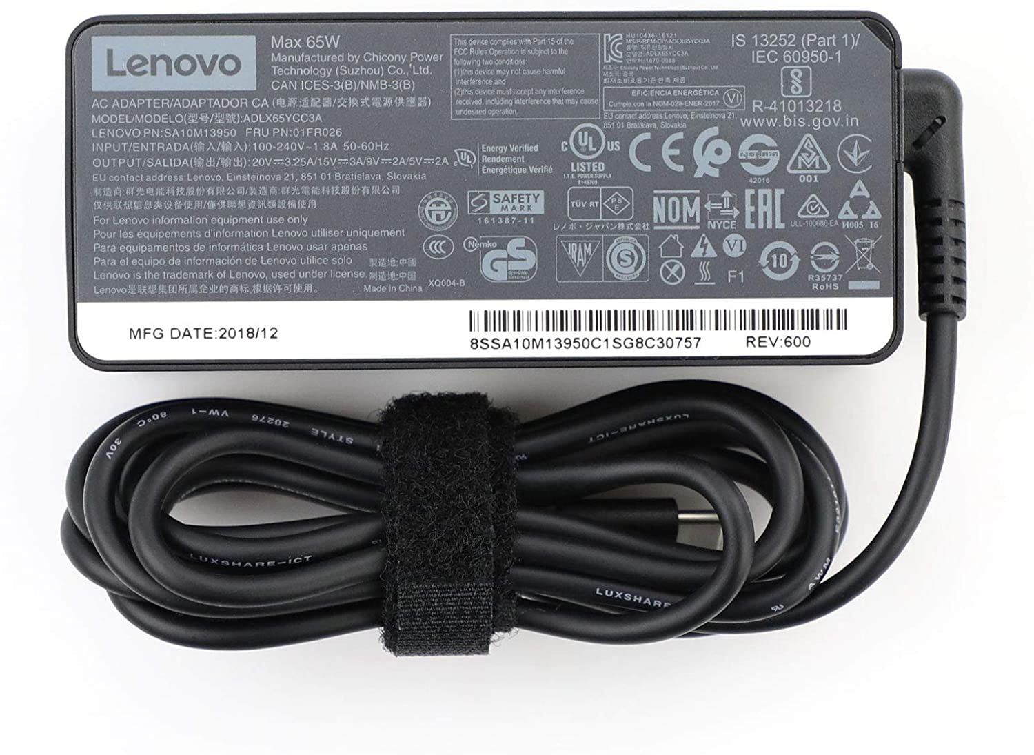 Lenovo 20V 3.25A 65W USB-C Original Laptop Charger  For T580 E580 ADLX65YDC2A