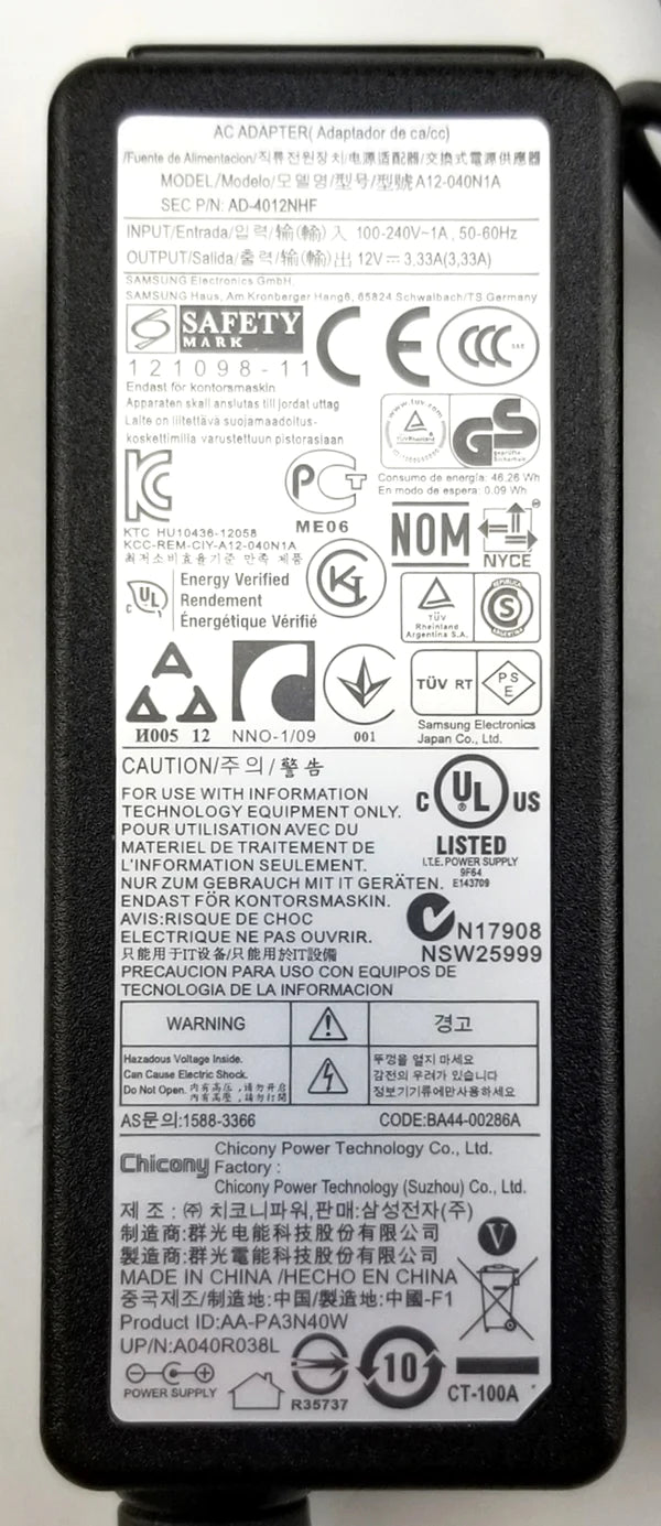Samsung 12V 3.33A 40W (2.5mm*0.7mm) Original laptop charger For XE700T1C XE500T1C NP110S1K