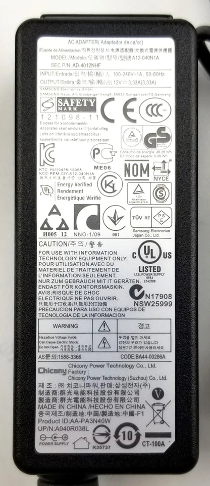 Samsung 12V 3.33A 40W (2.5mm*0.7mm) Original laptop charger For XE700T1C XE500T1C NP110S1K